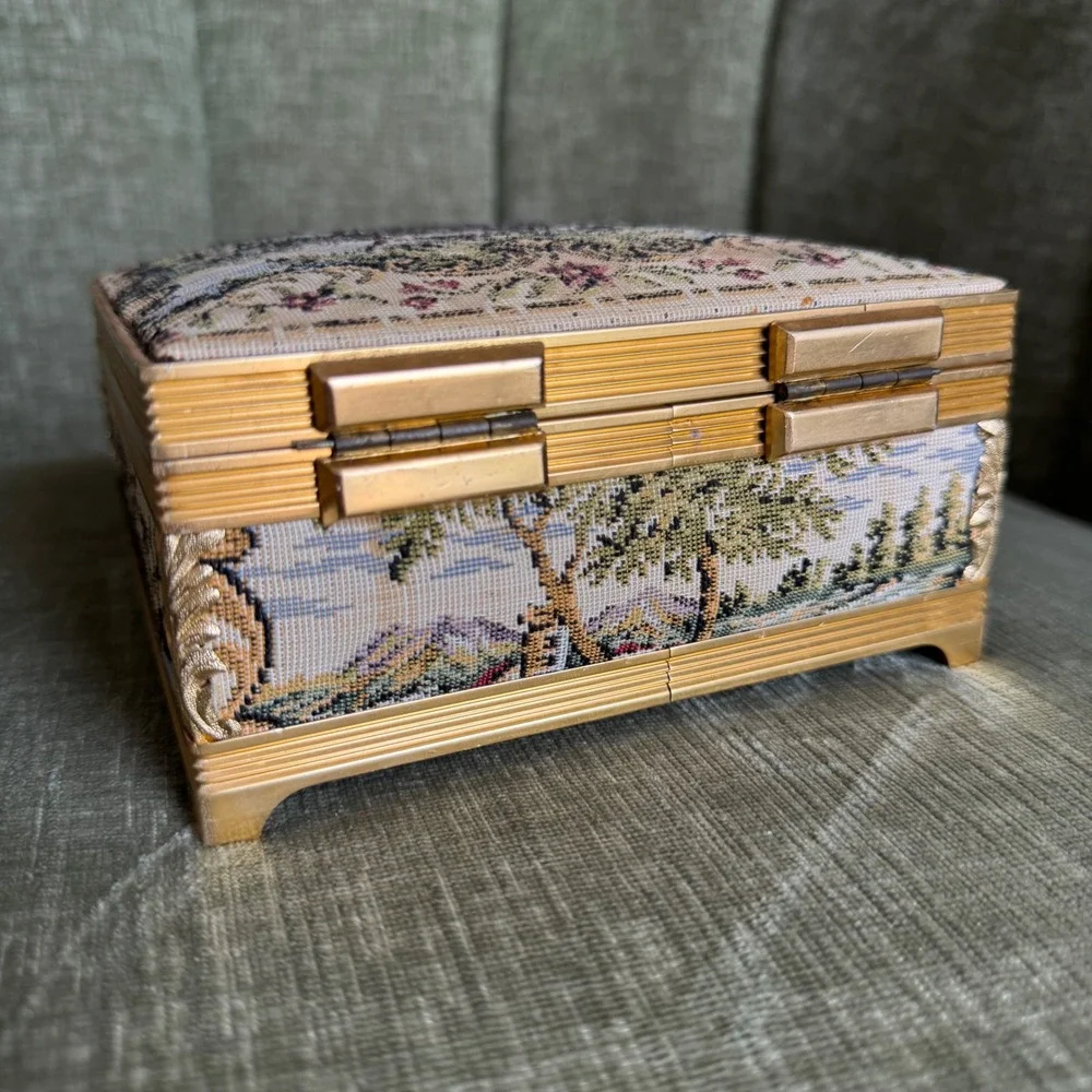 Vintage Tapestry Music Jewelry Box Gold Tone Floral Landscape Velvet Works